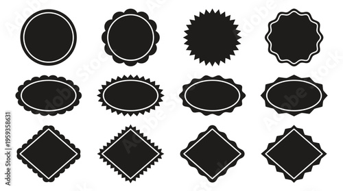 Elegant black badge and label collection featuring circular, oval, diamond shapes with decorative borders for branding, packaging, and graphic design.