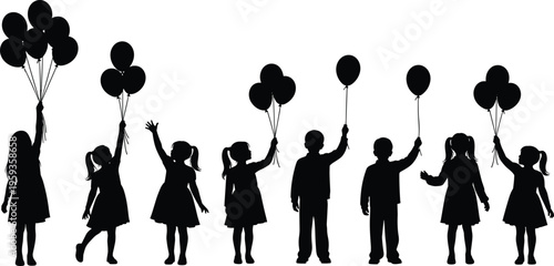 Silhouettes of children holding balloons, happy kids group standing together, childhood celebration, birthday party fun, little boys and girls playing