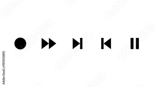 Minimalist circular media control icons set featuring record, play, pause, fast forward, next, previous buttons for digital interface design.