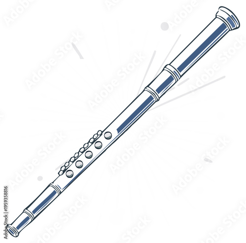 Illustration of a flute with a dark blue outline, showing instrument details and design.