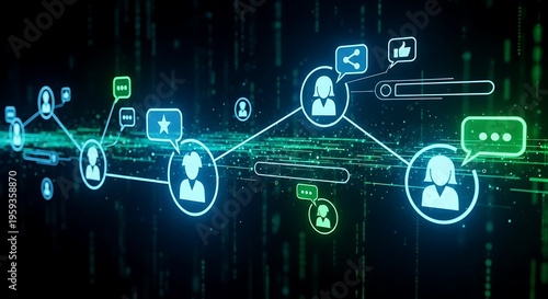 Digital communication network with glowing blue and green icons on a dark background representing online connections and social media interactions
