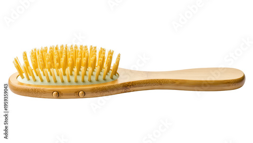 Fotografía Natural wooden bamboo hairbrush with soft yellow bristles for healthy hair care
