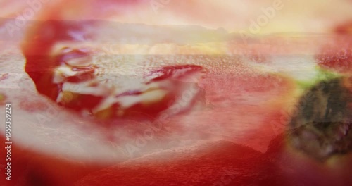 Camera pulling focus and sliding closer, tomato cross-section being revealed to highlight texture