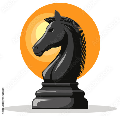 Elegant black chess knight piece with orange sun background for game strategy and intelligence