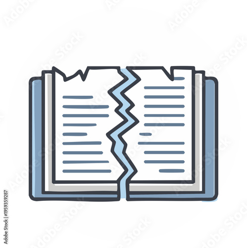 Torn open book with jagged rip in pages representing destruction, loss of knowledge, or broken story