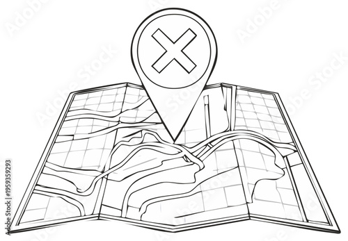 Location pin with cross mark on folded map showing error or cancellation