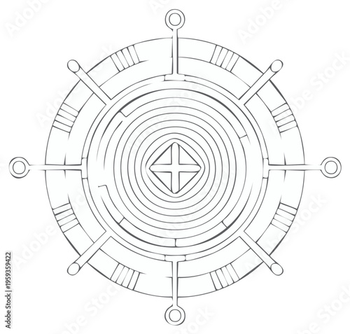Mystical circular amulet with a central cross, concentric maze rings, and compass points line art