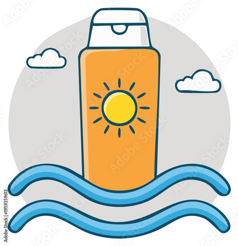 Cartoon illustration of sunblock lotion in the water for summer vacation and sun protection.