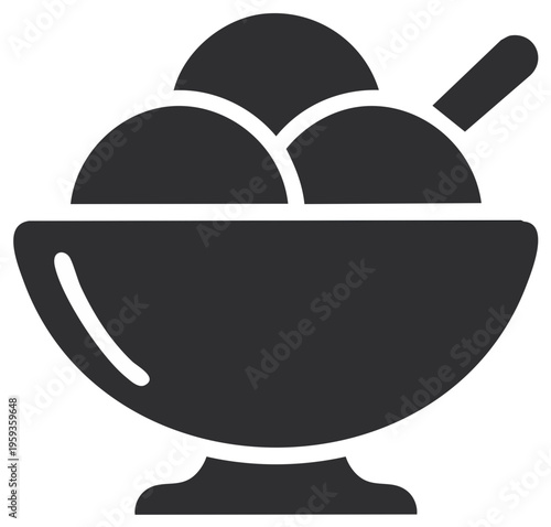 Stylized ice cream sundae in bowl with spoon. Dessert, treat concept.