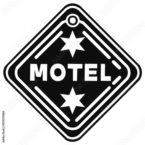 Retro motel sign in black and white featuring stars in a diamond shape. Evokes travel, vacation, roadside lodging, stylized graphics.