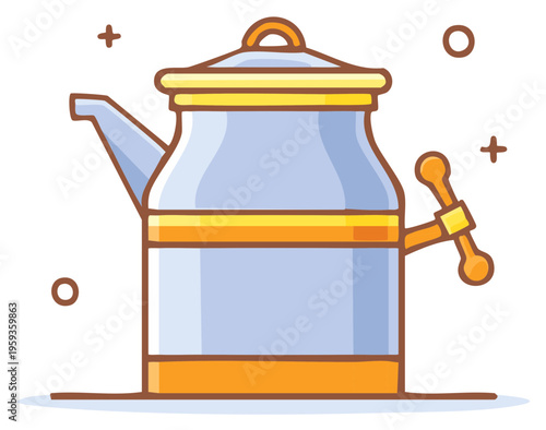 Stylized blue and gold tea kettle with spigot illustration for hot beverage service and kitchenware