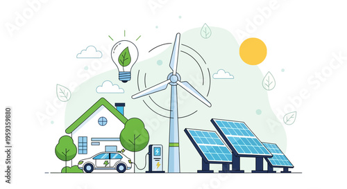 Eco friendly energy, renewable power, sustainable living, green technology icons