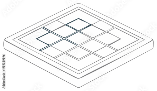 Isometric view of a tic-tac-toe board with a partial game in progress.