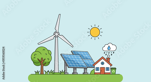 Eco friendly home, renewable energy, solar panels, wind turbine, sustainable living
