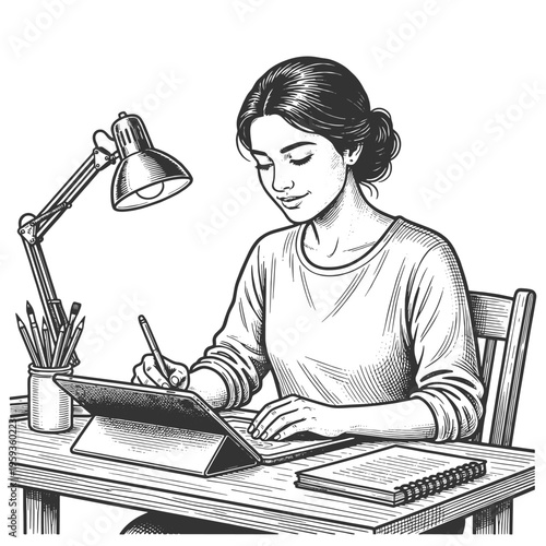 woman using a tablet and stylus at desk, digital art, creativity, and focused work environment sketch engraving generative ai vector illustration. Scratch board imitation. Black and white image.