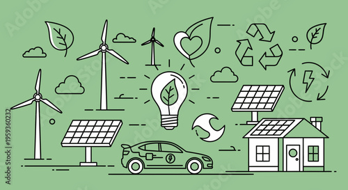 Eco friendly icons, sustainable energy symbols, green technology illustrations, environmental conservation graphics