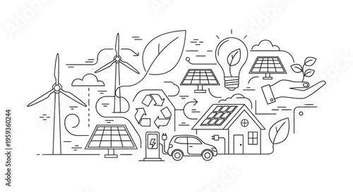 Eco friendly sustainable energy, renewable power icons, solar panels, wind turbines, green technology symbols, environmental conservation concepts