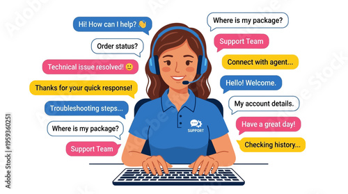 Customer Support Representative with Headset and Chat Bubbles