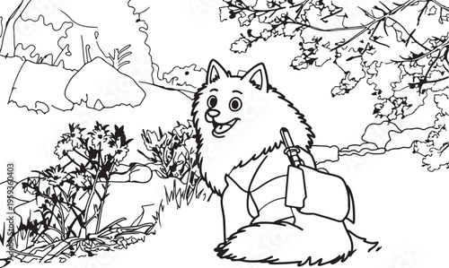 Charming cartoon illustration of a smiling dog with a backpack, sitting in a forest with trees and rocks, perfect for children's books or nature themes