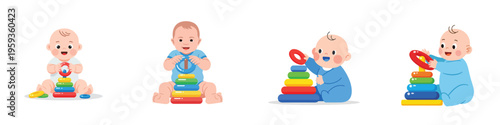 A baby stacking ring toys joyfully, flat vector, no outlines, simple shapes, white background