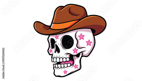  cowboy skull with pink stars and brown hat on white background