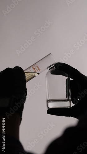 Close-up of gloved hands pouring fragrance liquid from a graduated cylinder into a glass container