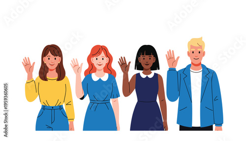 Diverse group of young adults waving with smiles on their faces in a friendly greeting