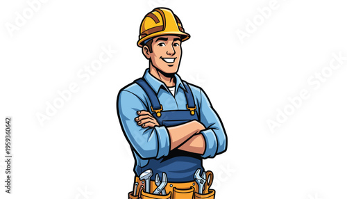 A cartoon illustration of a smiling male construction worker wearing a yellow hard hat and blue overalls with a tool belt