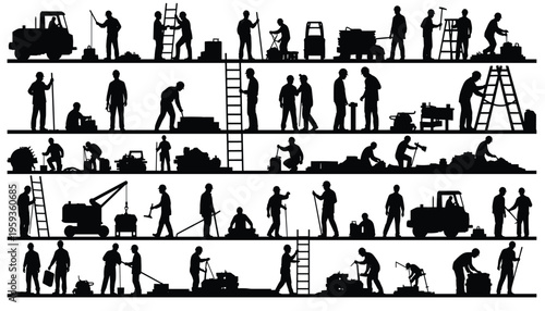 Silhouette illustrations of construction workers engaged in various activities on a building site