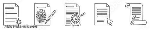Comprehensive set of line icons representing legal documents, contracts, and digital signing processes, ideal for business presentations and website graphics.