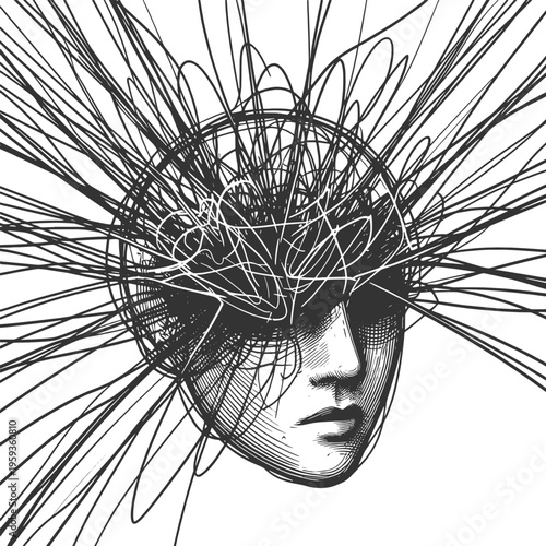 human head with chaotic tangled lines emerging from the mind, overthinking, mental stress, confusion, and psychological turmoil sketch engraving generative ai vector illustration. Black and white.