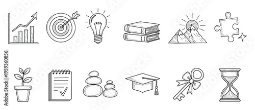 A collection of hand drawn success and achievement icons featuring business growth, innovative ideas, educational journey, and strategic planning for presentations and inspirational content.