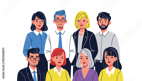 Diverse group of eight people in business casual attire standing together smiling