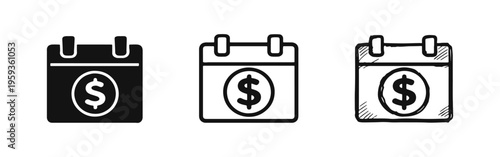 Financial Calendar Icons: Illustrating Payment Schedules, Budgeting, and Money Due Dates with Dollar Sign Symbols.
