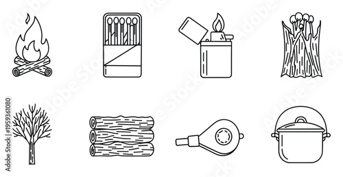 Collection of outline icons for campfire and outdoor cooking essentials including logs matches lighter pot and tree perfect for camping adventure designs