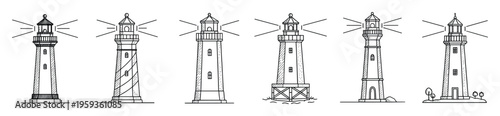 Diverse collection of hand drawn lighthouses showcasing various architectural designs and illuminating light beams, ideal for nautical safety presentations, travel guides, or coastal themed