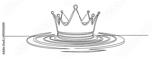 Simple continuous line drawing of a crown dropping into water and creating concentric ripples, perfect for conceptual luxury, power, or downfall themes in presentations and branding.
