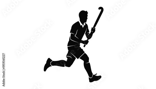 A field hockey player in motion running with a stick silhouette on white background