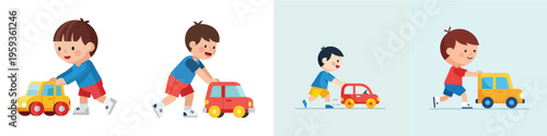 A little boy pushing a toy car, flat vector design, no outlines, solid background