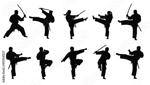Martial arts silhouettes of ten different people performing various sword and kicking techniques in a white background
