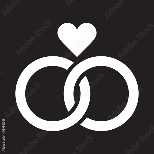 Wedding rings with heart linked together in the symbol of marriage flat vector icon