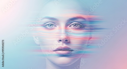 Distorted digital portrait of a woman with glitch effect futuristic and surreal atmosphere blue and pink hues abstract background