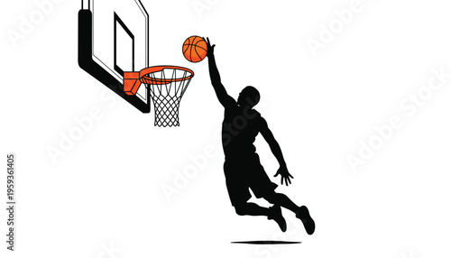 A basketball player in mid air dunking a ball into a hoop with a dynamic silhouette against a clean white background
