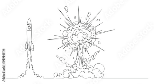 A modern one line drawing illustrating the dynamic process of a space rocket launching with smoke plumes and a separate powerful starburst explosion, suitable for futuristic or energetic