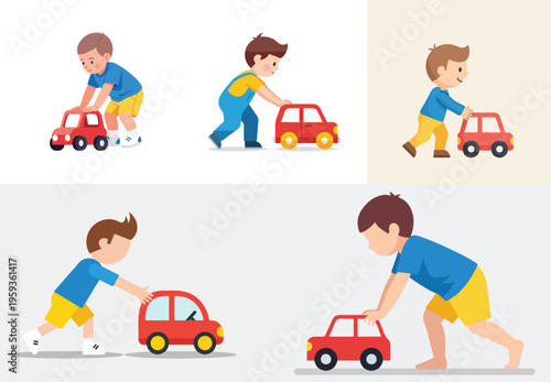 A little boy pushing a toy car, flat vector design, no outlines, solid background