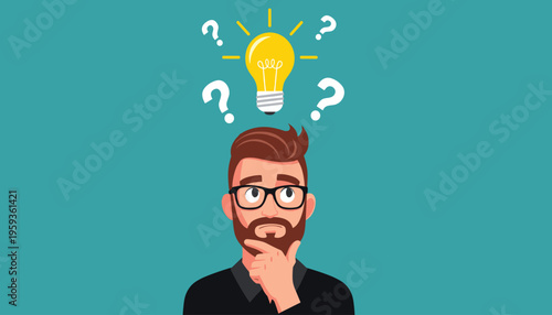 A man with a thoughtful expression and a lightbulb above his head representing an idea or inspiration