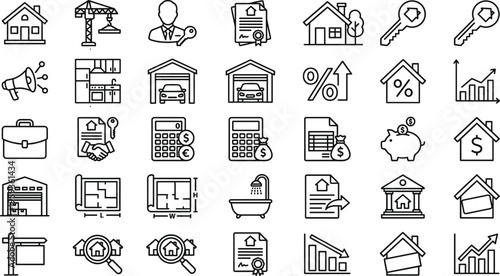 Real Estate and Property Investment Line Icon Set with House Construction Mortgage Loan Calculator Garage Blueprint Contract Finance Growth and Home Ownership Outline Symbols