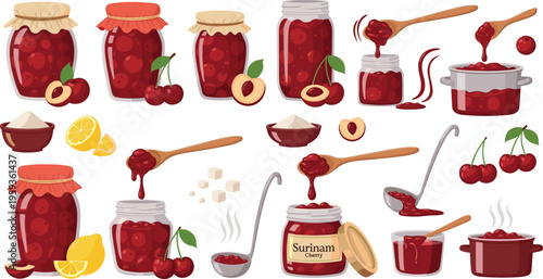 Cherry jam and preserves vector set with jars spoons dripping syrup homemade dessert illustration collection in detailed hand drawn vintage style