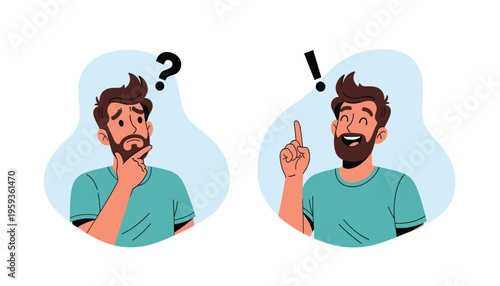 Contrasting emotions of a cartoon man with question and exclamation marks