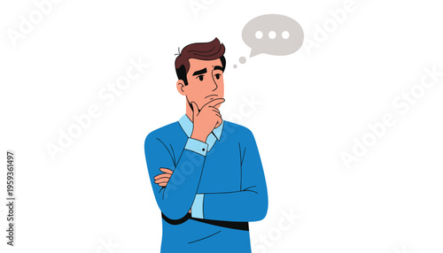 A cartoon man in a blue shirt looking thoughtful with a speech bubble